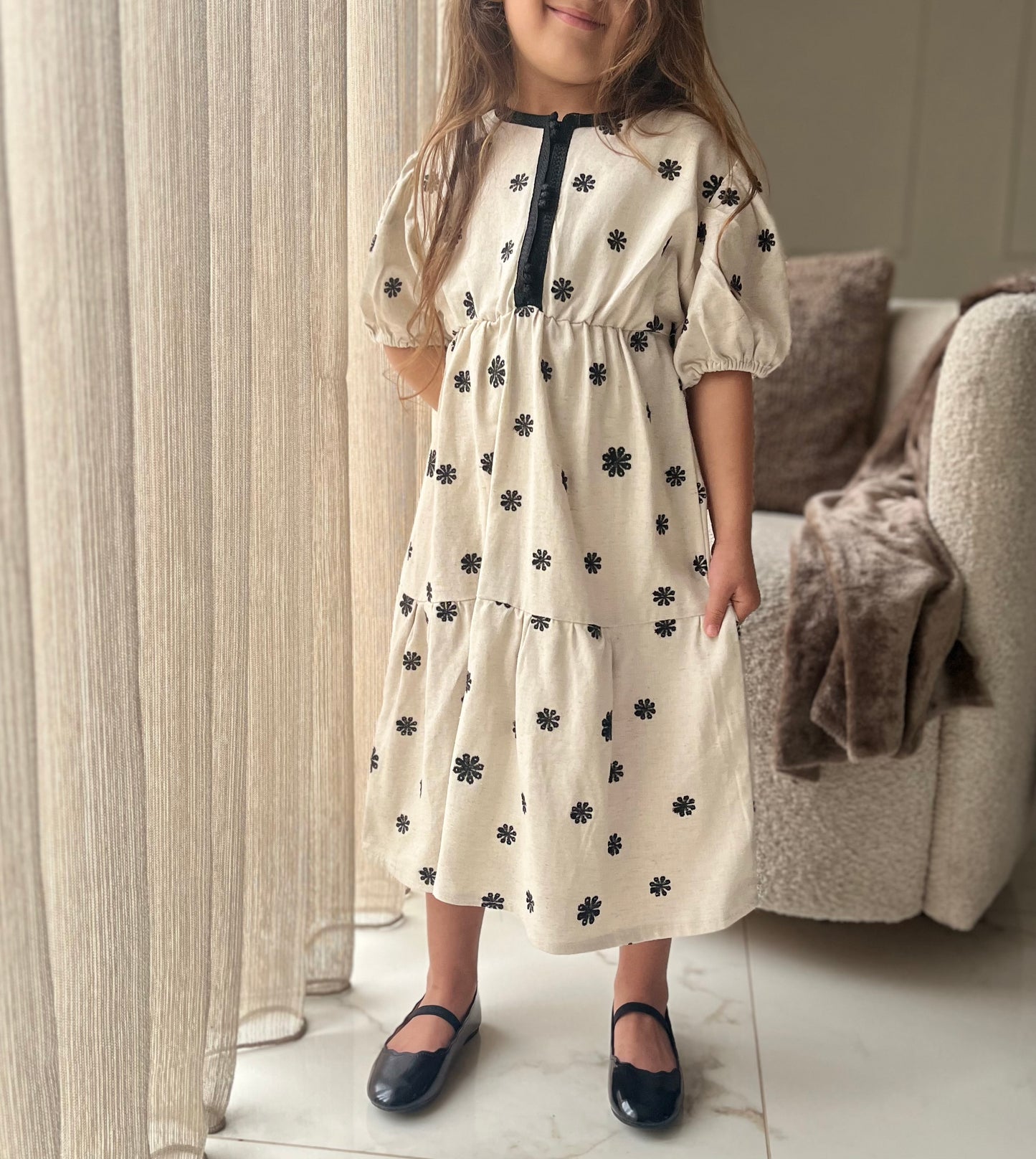 Zara Dress | Black Blossom Linen | 140/146